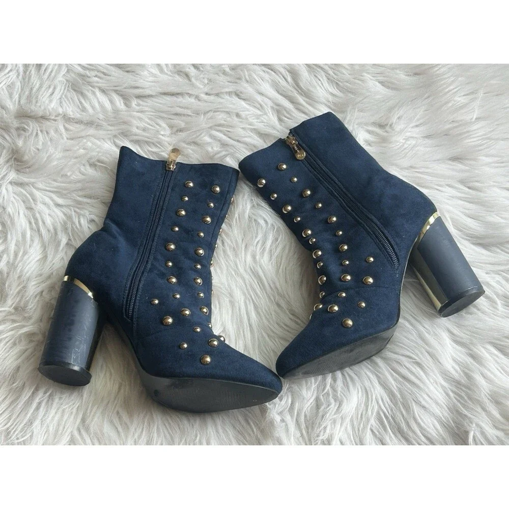 Cape Robbin Women's Size 8.5 Navy Blue Gold Studded Heel Boots Booties